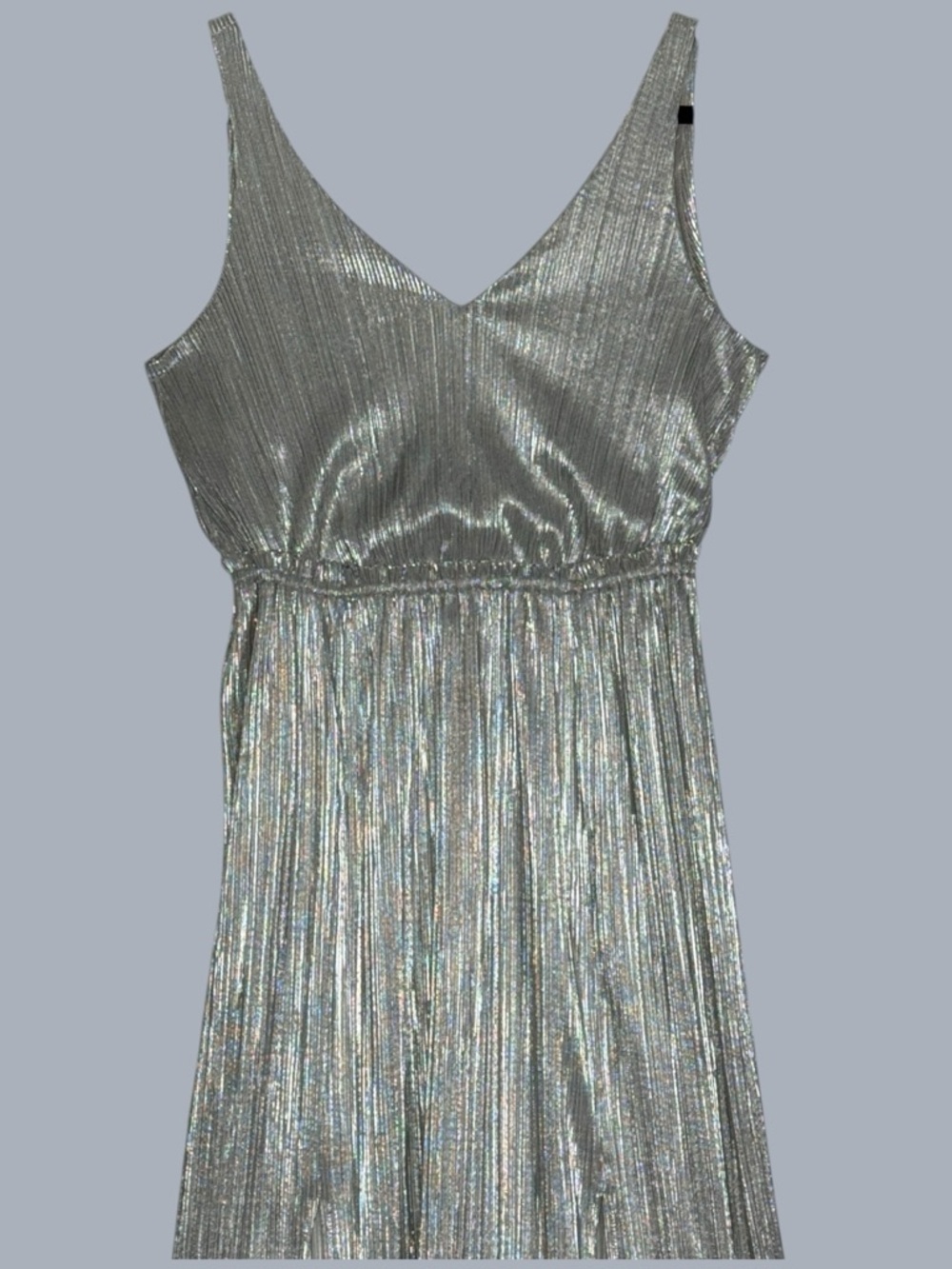 BCBGeneration Silver Metallic Pleated Maxi Dress M V-Neck Sleeveless Shimmer - Picture 3 of 13